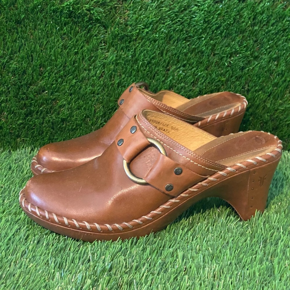 Frye Mules Women's 9.5M Brown Leather Studded Stitched Buckle 3" Heel